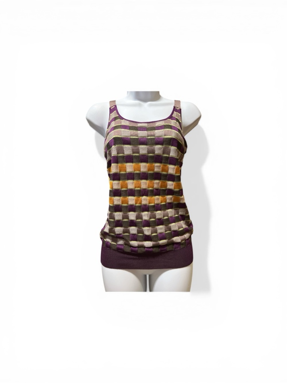 Etro Multicolor Checker Knit silk tank top in Purple, Gold & Cream